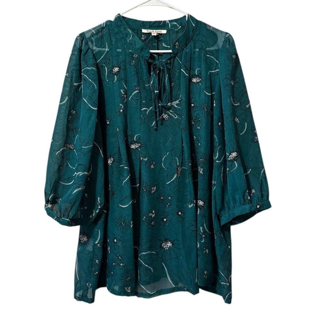 Black Rainn Women Size Large Floral Lightweight Blouse Tie Neck Cottagecore City